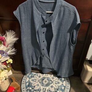 Gray and Blue Boxy Sleeveless Button Down Shirt